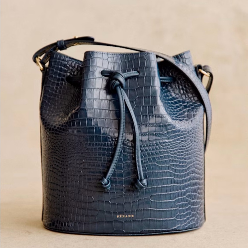 Sezane Farrow Bucket Bag in Denim Croco